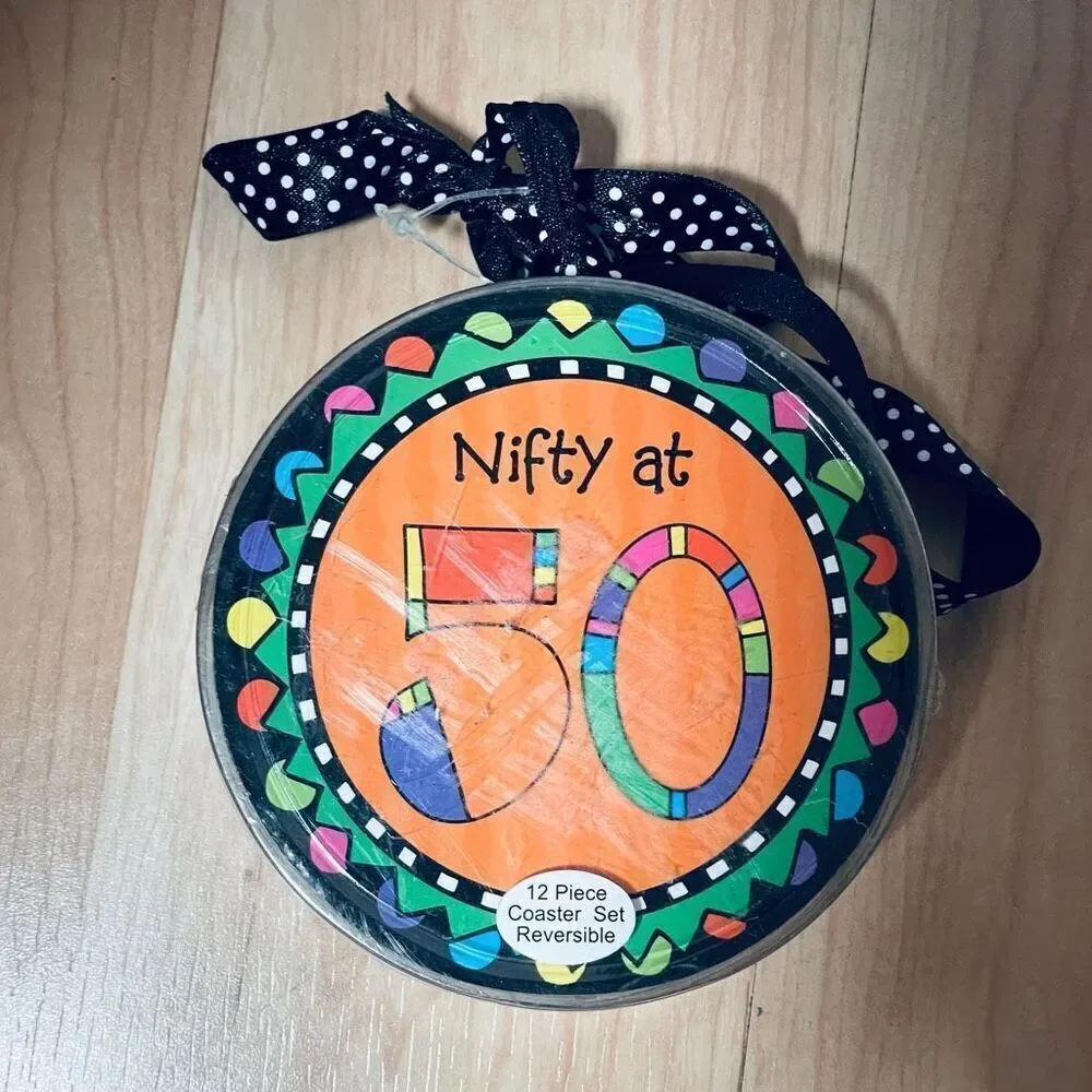 NWT in Package Nifty at 50/ 12 Pc Reversible  Colorful Coaster Set 50th birthday